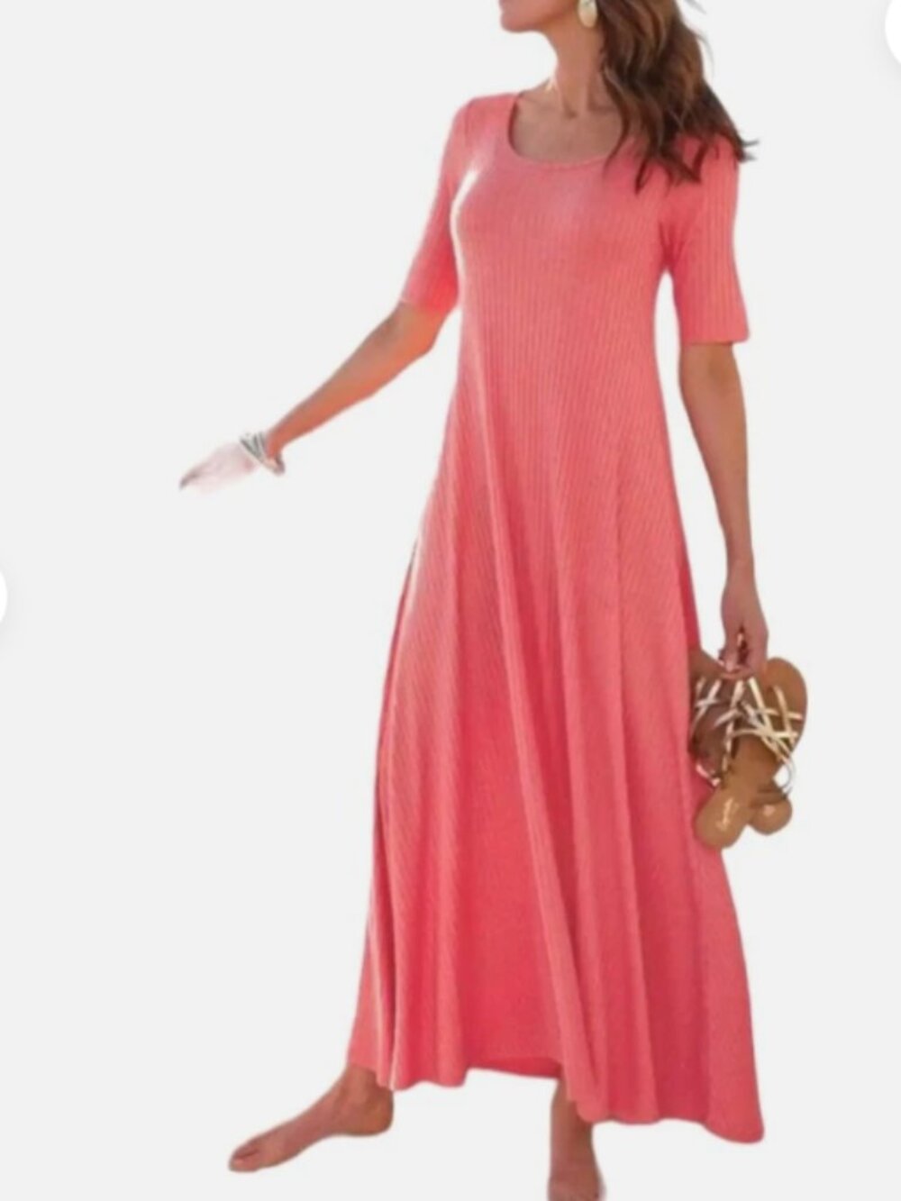 Soft Surroundings Santiago Ribbed Knit Short Sleeve Maxi Dress Coral Small
